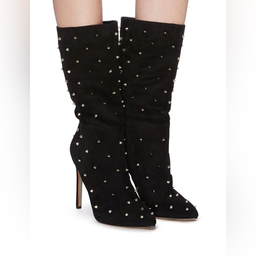 Sam Edelman black suede gold studded high heel boots size 8
